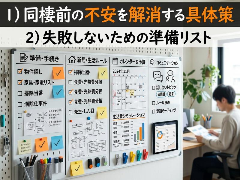 同棲準備の計画ボードと、デスクで作業する男性。