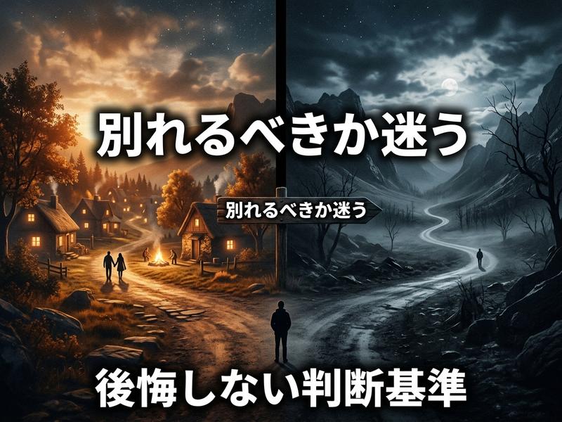 暖色と寒色に分かれた二つの道に「別れるべきか迷う」「後悔しない判断基準」の文字。