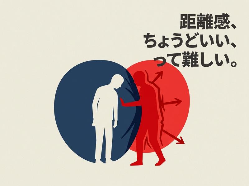 二人の人物が触れ合うイラストと「距離感の難しさ」の文字。