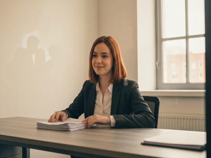 オフィスのデスクで頬杖をつきながら遠くを見つめる20代女性、柔らかな自然光