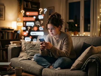 スマホを見つめてため息をつく20代女性、ソファに座っている室内シーン