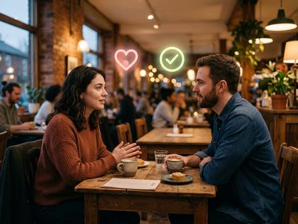 カフェで向かい合って穏やかに話すカップルのイメージ