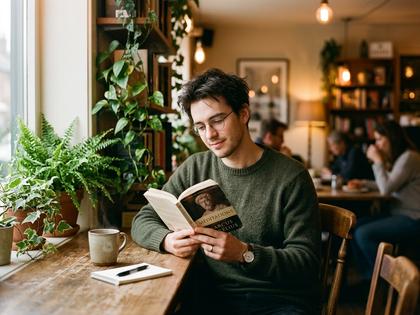 カフェで静かに本を読む穏やかな雰囲気の男性