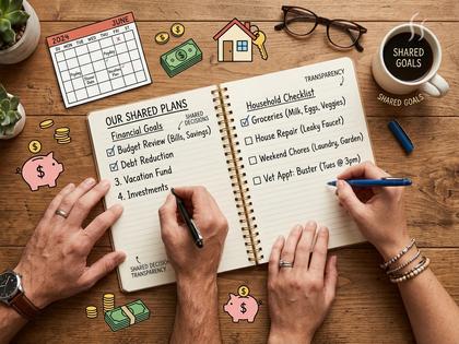 ノートに二人で家計や家事分担を書き出しているカップルの手元