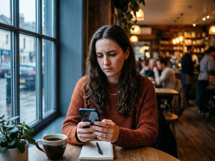 カフェでスマホを見ながら考え込む20代女性の横顔