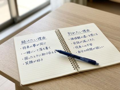 ノートに書かれた別れたい理由と続けたい理由のリスト