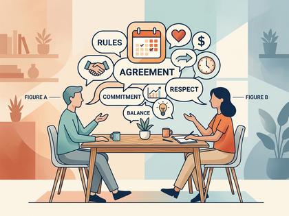 リビングで向かい合って話し合うカップル