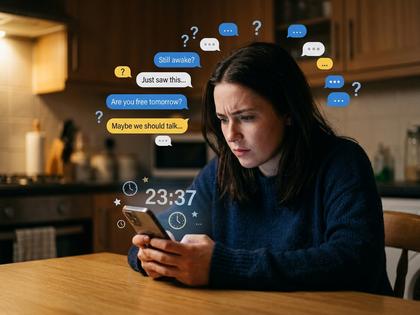 スマホを深夜に見つめる女性、悩ましげな表情