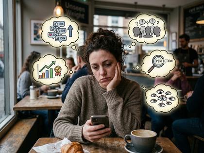 カフェでスマホを見て少し憂うつな表情をしている30代女性