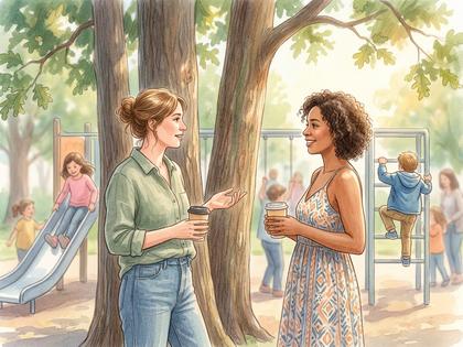 公園で子どもを見守りながら軽く会話するママたちの後ろ姿