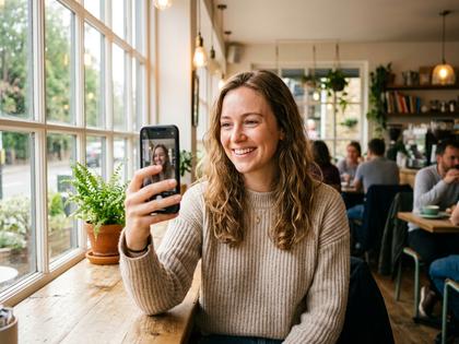 明るい窓辺で自然な笑顔でプロフィール写真を撮影する女性