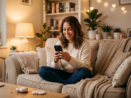 ソファでスマートフォンを見ながらリラックスして笑う30代女性
