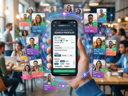 スマートフォンでプロフィール検索画面を眺める女性のイメージ画像