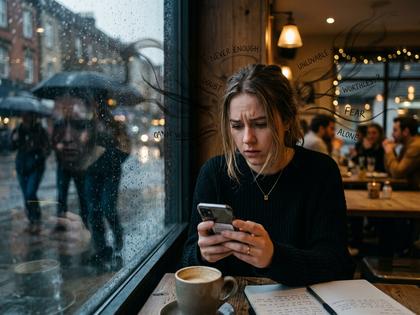 カフェの窓際でスマホを見つめながら少し不安そうな表情を浮かべる20代女性