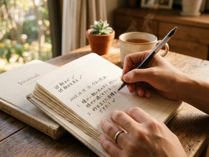 朝の光の中で手帳に何かを書き込んでいる女性の手元