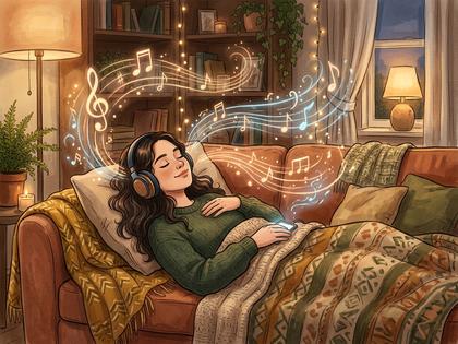 ヘッドフォンをつけてソファで目を閉じる女性、間接照明のあたたかい部屋