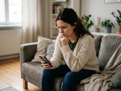 スマホを片手に落ち込んだ表情でソファに座る20代女性