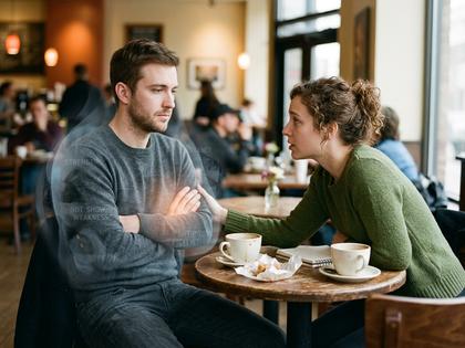 カフェで向かい合って話すカップル、少し気まずそうな空気感