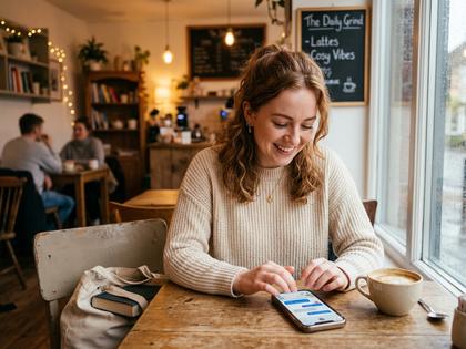 カフェでスマホを見て微笑む20代女性