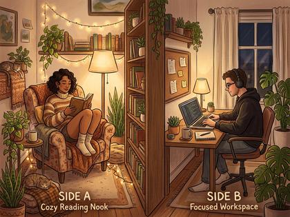 同棲中の部屋で片方がリビングで読書、もう片方が別室で作業している様子