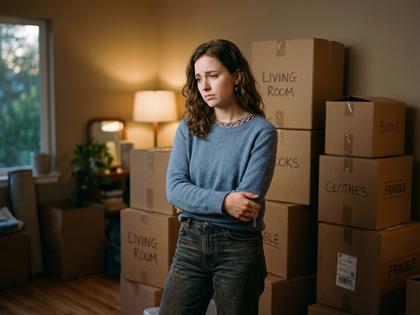 引越し前の段ボールの前で少し不安そうな表情の20代女性