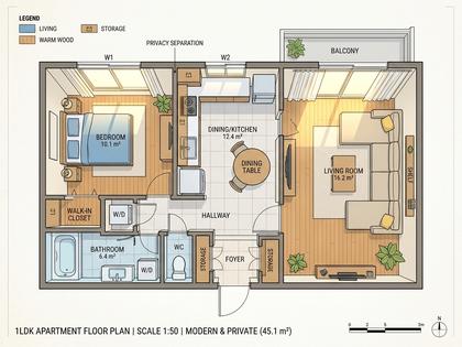 明るいリビングと寝室が分かれた1LDKの間取り図