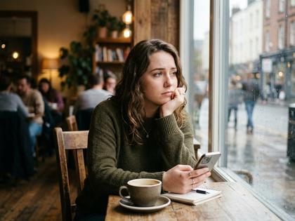 カフェの窓際で頬杖をつきながらスマホを見つめて考え込む20代女性