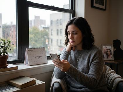 窓辺でスマホを眺めながら考え込む20代女性のやわらかい写真