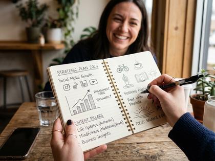ノートに計画を書き込みながら笑顔を見せる女性の手元