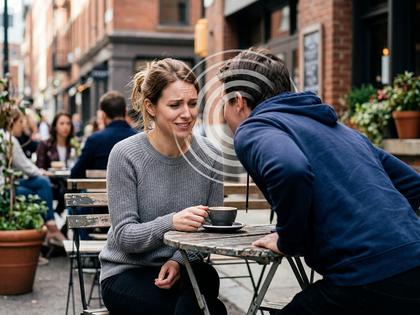 カフェで少し困った表情をしながら話を聞いている女性のイメージ