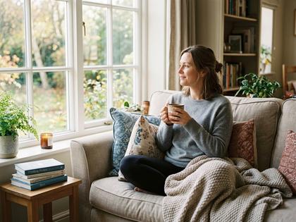 ソファでくつろぎながらお茶を飲む女性のリラックスした様子