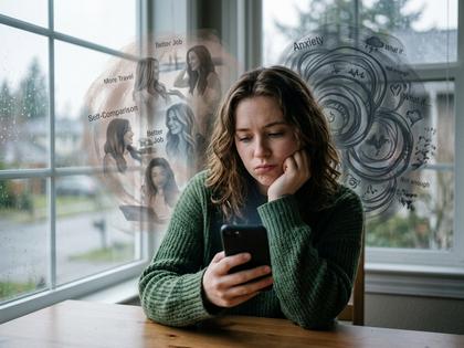 窓辺でスマホを見つめながら考え込む20代女性の横顔