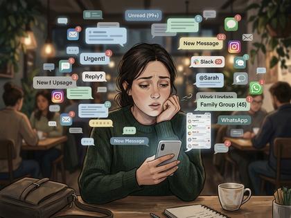 スマホのグループLINE通知を見て少しため息をつく30代女性のイメージ