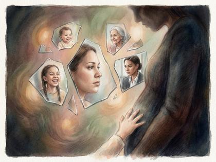 古いアルバムをそっとめくる女性の手元と、柔らかい自然光