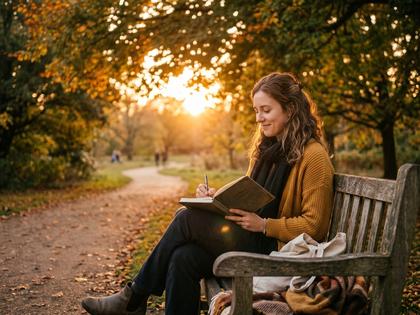 夕方の公園のベンチで本を読む女性の後ろ姿