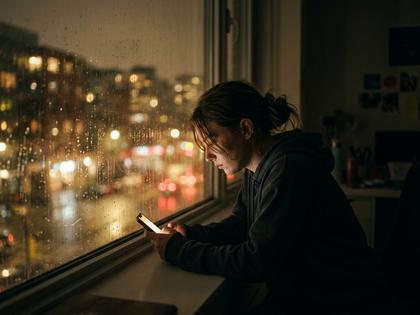 夜の窓辺でスマートフォンを見つめる若い女性のシルエット。少し疲れた表情で、外の街灯りがぼんやり映っている