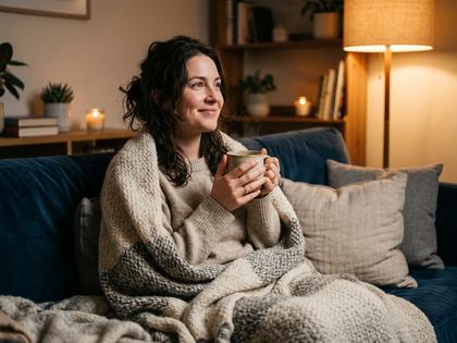 ソファに座って毛布にくるまり、温かい飲み物を持ってほっとしている女性