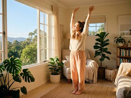 朝の光が差し込む部屋で、ストレッチをしながら微笑む女性