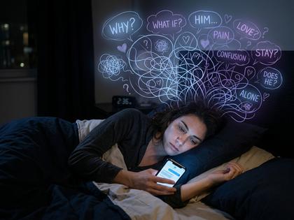 夜、ベッドでスマホを見つめながら考え込む女性のイラスト