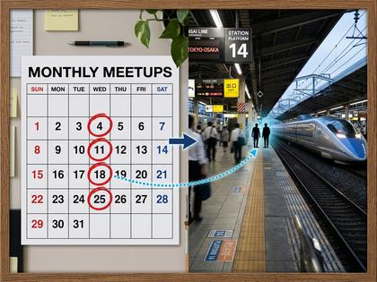 新幹線のホームで再会して抱き合うカップルの後ろ姿