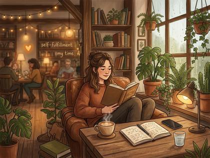 カフェで一人読書をしながらリラックスしている女性