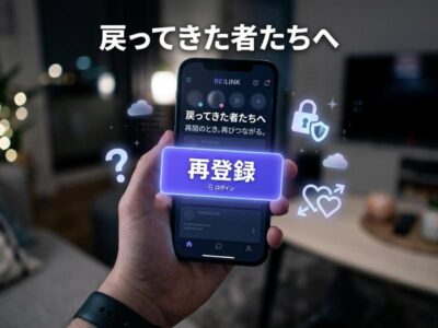 「戻ってきた者たちへ」と表示されたスマホアプリで「再登録」を促す様子。