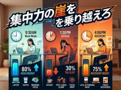 時間帯による集中力の変化（高・疲労・回復）を示す図。「集中力の崖」を乗り越えよう。