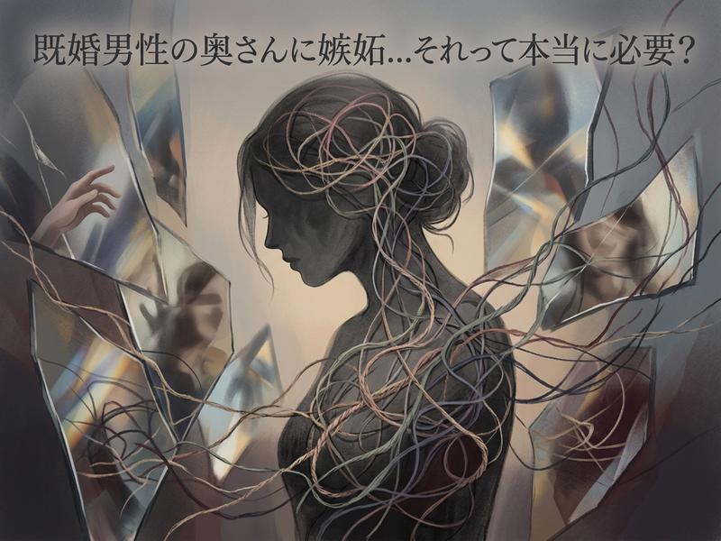 既婚男性の妻への嫉妬に苦しむ女性。絡む糸と割れた鏡で複雑な心情を表現。