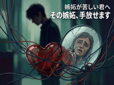 嫉妬に苦しむ心を表現したイラスト。割れたハートと泣き顔の鏡。