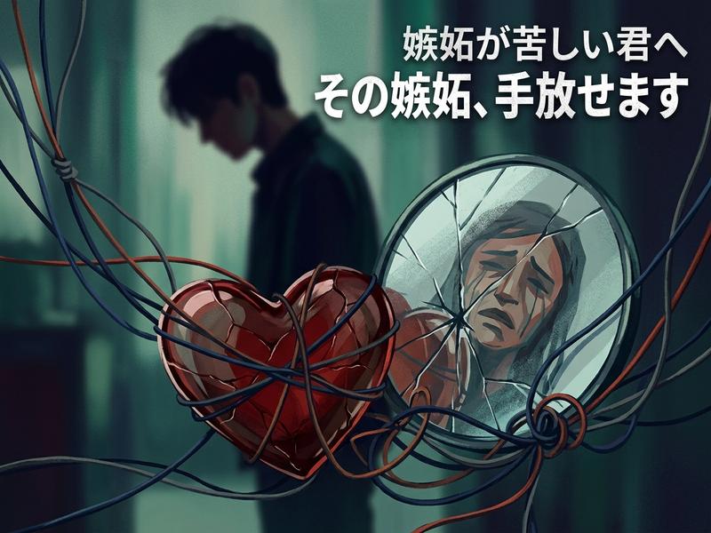 嫉妬に苦しむ心を表現したイラスト。割れたハートと泣き顔の鏡。