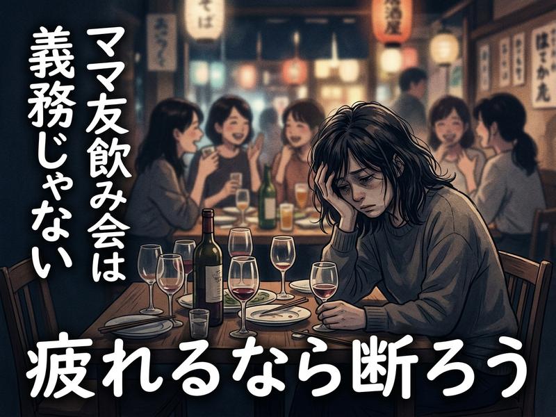 ママ友飲み会で疲れた表情の女性と楽しむ友人たち。「疲れるなら断ろう」のメッセージ。