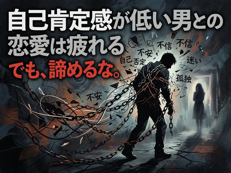 自己肯定感が低い男性との恋愛は疲れるが、諦めるなというイラスト。
