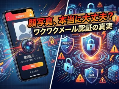 スマホの顔認証画面と、セキュリティアイコン。「ワクワクメール認証の安全性」を問う。