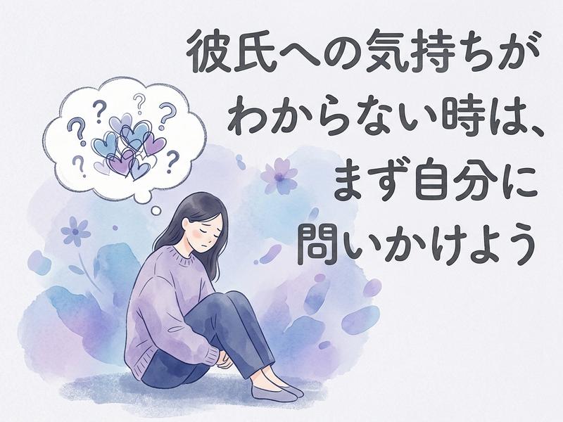 彼氏への気持ちに悩む女性のイラスト。「まず自分に問いかけよう」のメッセージ。